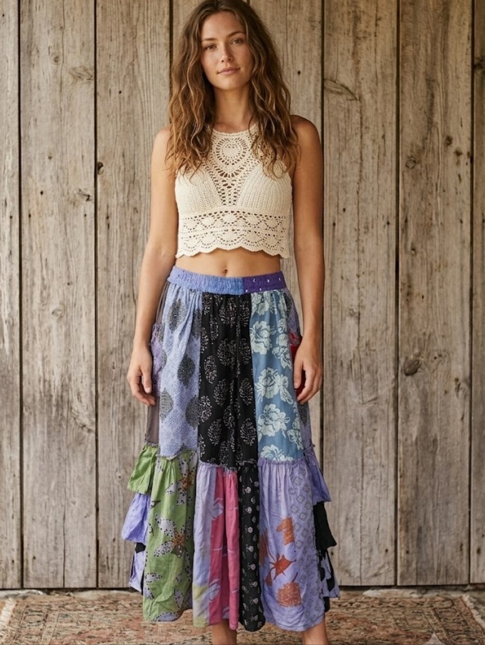 Tapaii Boho Patchwork Midi Skirt One Size